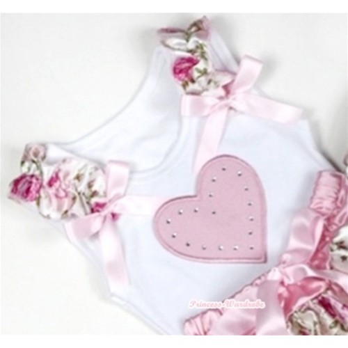 White Tank Top With Light Pink Heart Print with Light Pink Rose Fusion Ruffles & Light Pink Bow TB285 