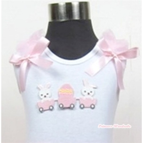 White Tank Top With Bunny Rabbit Egg Print with Light Pink Ruffles & Light Pink Bow TB288 