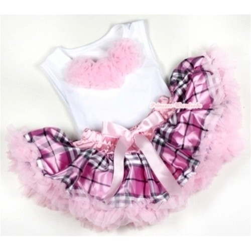 White Baby Pettitop with Light Pink Rosettes with Light Pink Checked Newborn Pettiskirt NG1132 