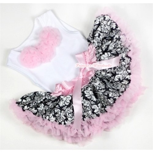 White Baby Pettitop with Light Pink Rosettes with Light Pink Damask Newborn Pettiskirt NG1134 