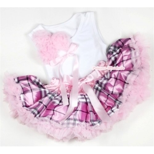 White Baby Pettitop with Bunch of Light Pink Rosettes &Light Pink Bow with Light Pink Checked Newborn Pettiskirt NG1135 