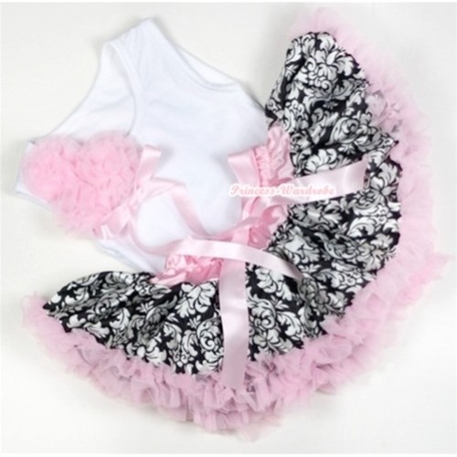 White Baby Pettitop with Bunch of Light Pink Rosettes &Light Pink Bow with Light Pink Damask Newborn Pettiskirt NG1137 