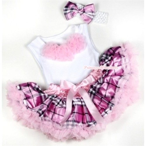 White Baby Pettitop with Light Pink Rosettes with Light Pink Checked Newborn Pettiskirt & White Headband Light Pink Checked Satin Bow 3PC Set NG1140 