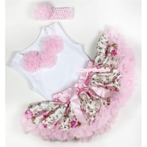White Baby Pettitop with Light Pink Rosettes with Light Pink Rose Fusion Newborn Pettiskirt & Light Pink Headband Light Pink Rose 3PC Set NG1141 