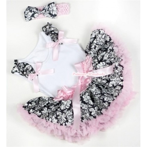 White Baby Pettitop & Damask Ruffles & Light Pink Bow with Light Pink Damask Newborn Pettiskirt With Light Pink Headband Damask Satin Bow NG1148 