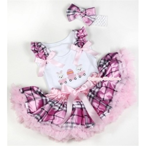 White Baby Pettitop with Bunny Rabbit Egg Print with Light Pink Checked Ruffles & Light Pink Bows & Light Pink Checked Newborn Pettiskirt With White Headband Light Pink Checked Satin Bow NG1149 