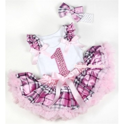 White Baby Pettitop with 1st Sparkle Light Pink Birthday Number Print with Light Pink Checked Ruffles & Light Pink Bows & Light Pink Checked Newborn Pettiskirt With White Headband Light Pink Checked Satin Bow NG1150 
