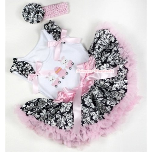 White Baby Pettitop with Bunny Rabbit Egg Print with Damask Ruffles & Light Pink Bows & Light Pink Damask Newborn Pettiskirt With Light Pink Headband Damask Rose NG1156-1 