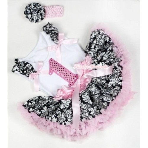 White Baby Pettitop with 1st Sparkle Light Pink Birthday Number Print with Damask Ruffles & Light Pink Bows & Light Pink Damask Newborn Pettiskirt With Light Pink Headband Damask Rose NG1158 