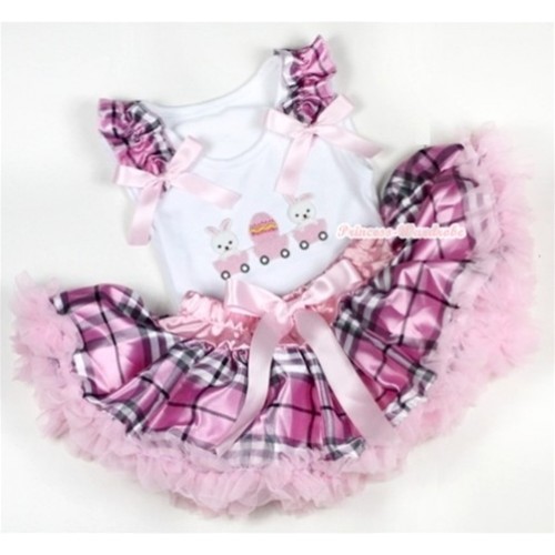 White Baby Pettitop with Bunny Rabbit Egg Print with Light Pink Checked Ruffles & Light Pink Bow with Light Pink Checked Newborn Pettiskirt NN44 
