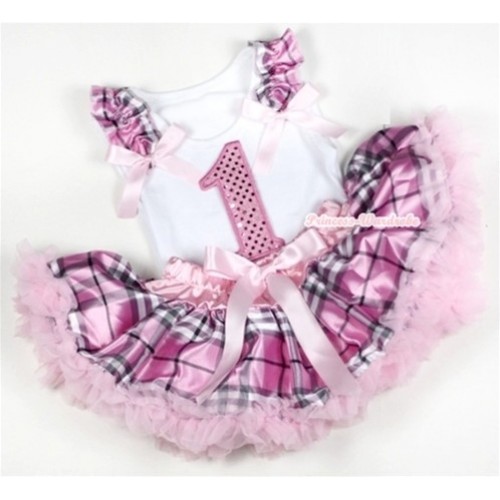 White Baby Pettitop with 1st Sparkle Light Pink Birthday Number Print with Light Pink Checked Ruffles & Light Pink Bow with Light Pink Checked Newborn Pettiskirt NN45 