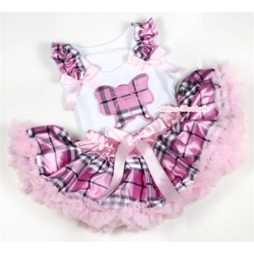 White Baby Pettitop with Light Pink Checked Butterfly Print with Light Pink Checked Ruffles & Light Pink Bow with Light Pink Checked Newborn Pettiskirt NN46 