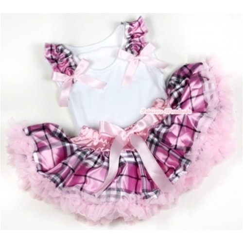White Baby Pettitop With Light Pink Checked Ruffles & Light Pink Bows with Light Pink Checked Newborn Pettiskirt NG1161 