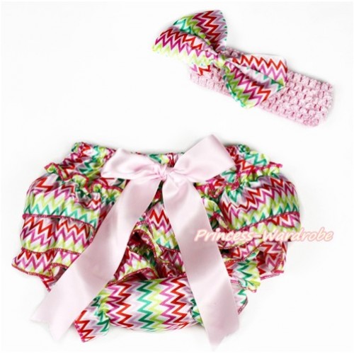 Easter Rainbow Wave Satin Layer Panties Bloomers with Light Pink Bow & Light Pink Headband Rainbow Wave Satin Bow BA16 