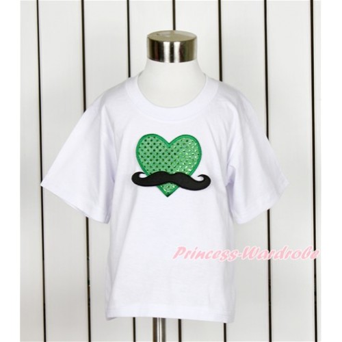 White Short Sleeves Top with Mustache Sparkle Kelly Green Heart Print TS20 