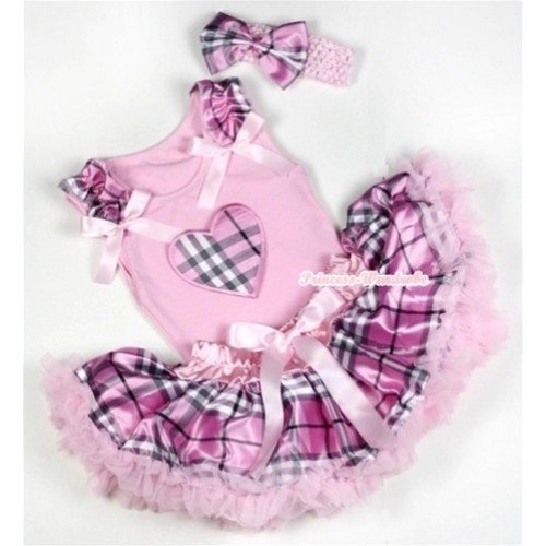 Light Pink Baby Pettitop with Light Pink Checked Heart Print with Light Pink Checked Ruffles & Light Pink Bows & Light Pink Checked Newborn Pettiskirt With Light Pink Headband Light Pink Checked Satin Bow BG056 