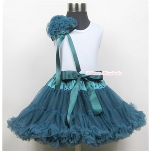 White Tank Top With a Bunch of Teal Green Rosettes With Teal Green Pettiskirt MG365 