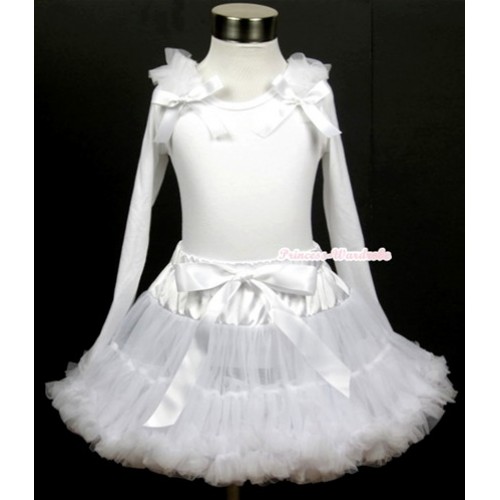 White Pettiskirt with Matching White Long Sleeve Top with White Ruffles & White Bow MW194 