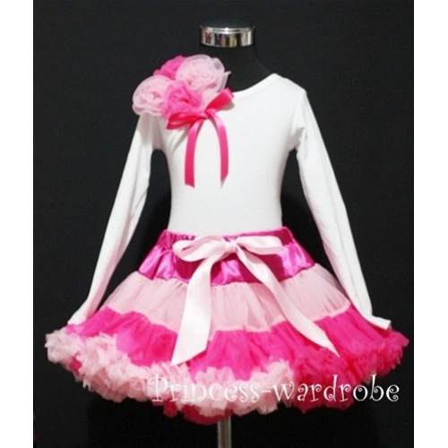 Hot Light Pink Multi-Colored Pettiskirt  with Matching White Long Sleeves Top with Bunch Hot Light Pink Rosettes&Hot Pink Bow  MW03 
