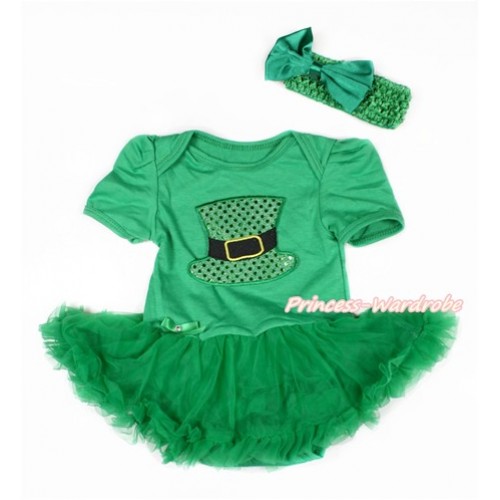Kelly Green Baby Bodysuit Jumpsuit Kelly Green Pettiskirt With Sparkle Kelly Green Hat Print With Kelly Green Headband Kelly Green Satin Bow JS3039 