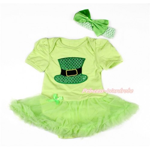 Light Green Baby Bodysuit Jumpsuit Light Green Pettiskirt With Sparkle Kelly Green Hat Print With Light Green Headband Light Green Satin Bow JS3048 
