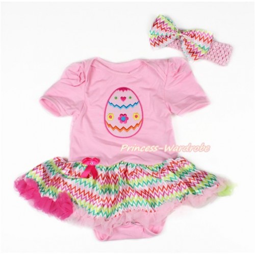 Easter Light Pink Baby Bodysuit Jumpsuit Rainbow Wave Pettiskirt With Easter Egg Print With Light Pink Headband Rainbow Wave Satin Bow JS3049 