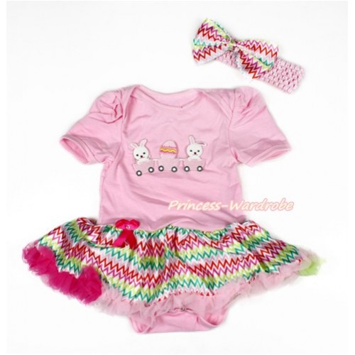 Easter Light Pink Baby Bodysuit Jumpsuit Rainbow Wave Pettiskirt With Bunny Rabbit Egg Print With Light Pink Headband Rainbow Wave Satin Bow JS3050 