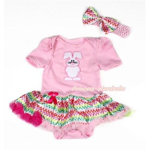 Easter Light Pink Baby Bodysuit Jumpsuit Rainbow Wave Pettiskirt With Bunny Rabbit Print With Light Pink Headband Rainbow Wave Satin Bow JS3051 