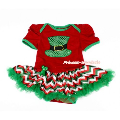 Red Baby Jumpsuit Red White Green Wave Pettiskirt with Sparkle Kelly Green Hat Print JS3086 