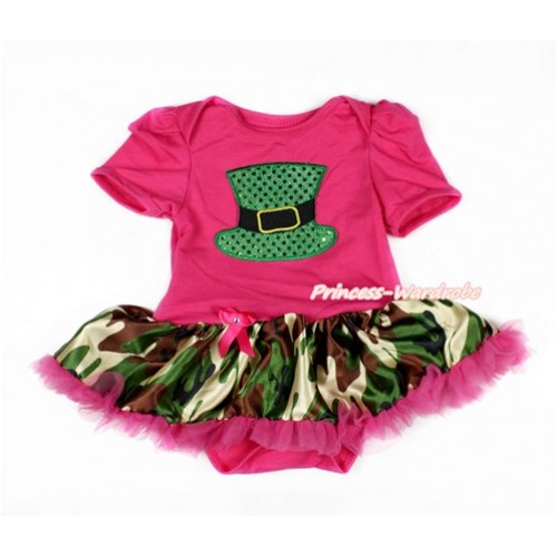 Hot Pink Baby Jumpsuit Camouflage Hot Pink Pettiskirt with Sparkle Kelly Green Hat Print JS3089 