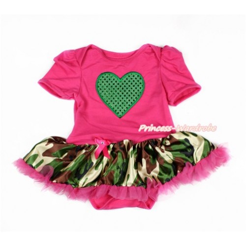 Valentine's Day Hot Pink Baby Jumpsuit Camouflage Hot Pink Pettiskirt with Sparkle Kelly Green Heart Print JS3091 