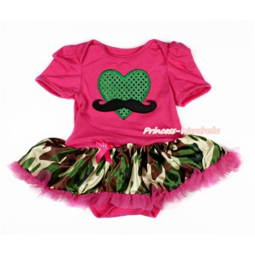 Valentine's Day Hot Pink Baby Jumpsuit Camouflage Hot Pink Pettiskirt with Mustache Sparkle Kelly Green Heart Print JS3092 