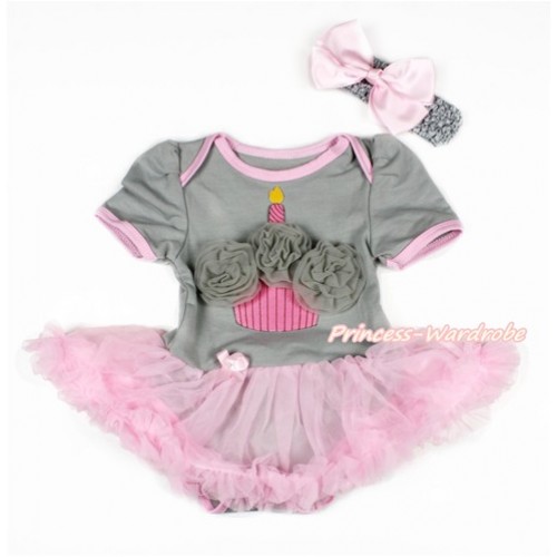Grey Baby Bodysuit Jumpsuit Light Pink Pettiskirt With Grey Rosettes Birthday Cake Print With Grey Headband Light Pink Silk Bow JS3097 