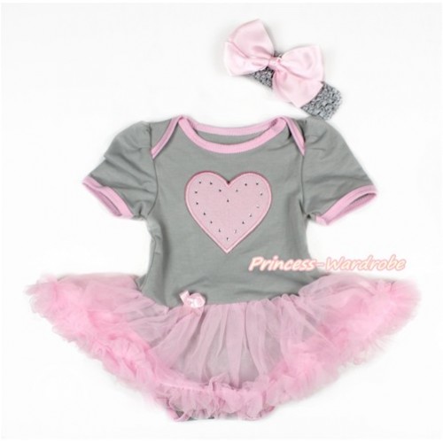 Valentine's Day Grey Baby Bodysuit Jumpsuit Light Pink Pettiskirt With Light Pink Heart Print With Grey Headband Light Pink Silk Bow JS3103 