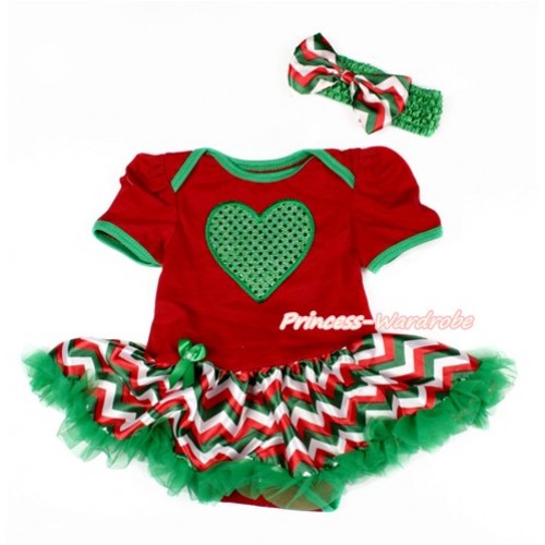 Valentine's Day Red Baby Bodysuit Jumpsuit Red White Green Wave Pettiskirt With Sparkle Kelly Green Heart Print With Kelly Green Headband Red White Green Wave Satin Bow JS3117 