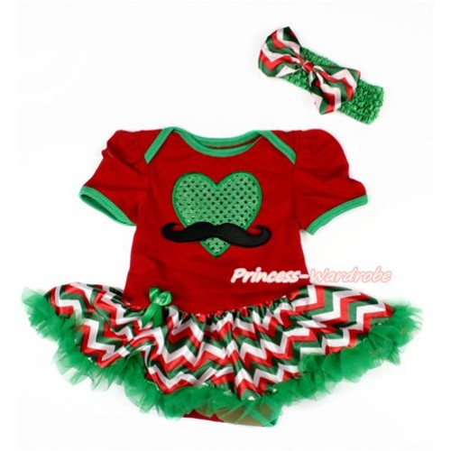 Valentine's Day Red Baby Bodysuit Jumpsuit Red White Green Wave Pettiskirt With Mustache Sparkle Kelly Green Heart Print With Kelly Green Headband Red White Green Wave Satin Bow JS3118 