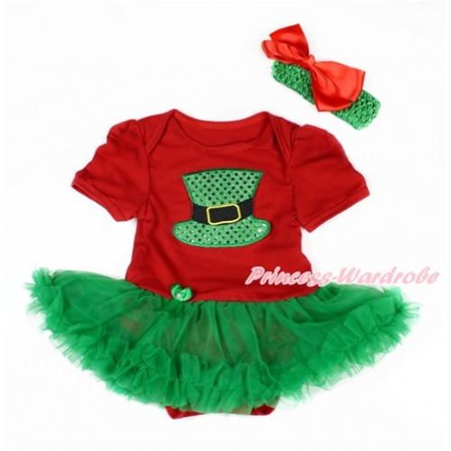 Red Baby Bodysuit Jumpsuit Kelly Green Pettiskirt With Sparkle Kelly Green Hat Print With Kelly Green Headband Red Silk Bow JS3127 