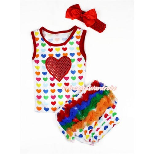 Valentine's Day Rainbow Heart Baby Pettitop & Sparkle Red Heart Print & White Rainbow Heart Bloomers with Red Headband Red Silk Bow LD239 