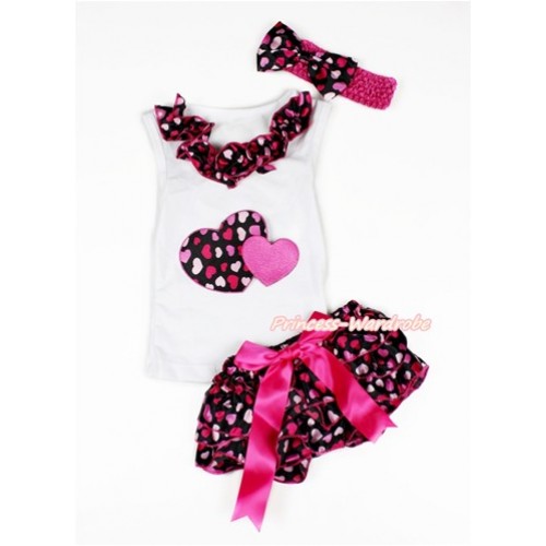 Valentine's Day White Baby Pettitop & Hot Light Pink Heart Satin Lacing & Hot Pink Sweet Twin Heart Print with Hot Pink Bow Hot Light Pink Heart Satin Bloomers with Hot Pink Headband Hot Light Pink Heart Satin Bow LD246 