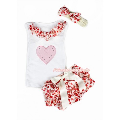 Valentine's Day White Baby Pettitop & Cream White Heart Satin Lacing & Light Pink Heart Print with Cream White Bow Cream White Heart Satin Bloomers with Cream White Headband Cream White Heart Satin Bow LD250 