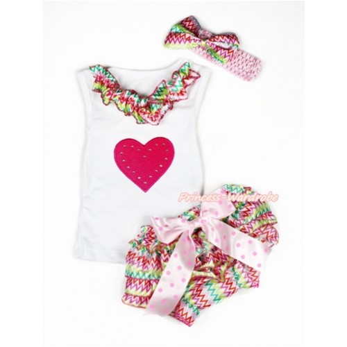 Valentine's Day White Baby Pettitop & Rainbow Wave Satin Lacing & Hot Pink Heart Print with Light Hot Pink Dots Bow Rainbow Wave Satin Bloomers with Light Pink Headband Rainbow Wave Satin Bow LD257 