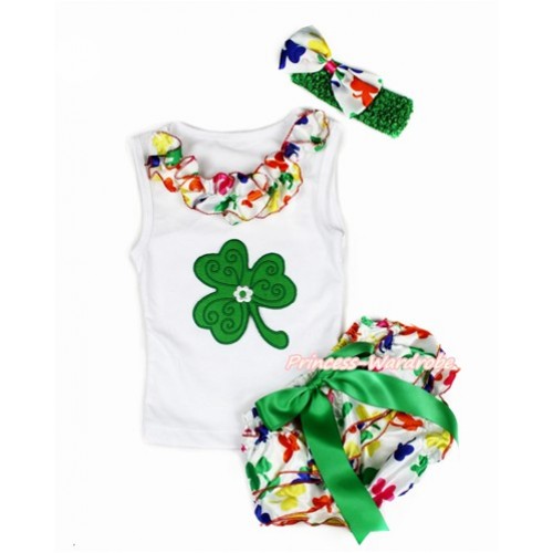 St Patrick's Day White Baby Pettitop & Rainbow Clover Satin Lacing & Clover Print with Kelly Green Bow Rainbow Clover Satin Bloomers with Kelly Green Headband Rainbow Clover Satin Bow LD261 
