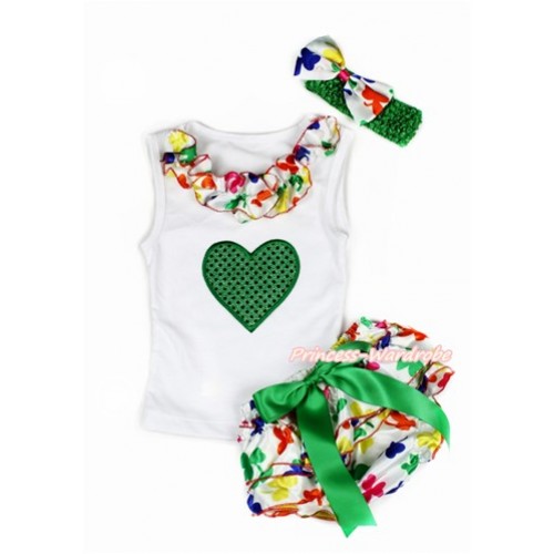 Valentine's Day White Baby Pettitop & Rainbow Clover Satin Lacing & Sparkle Kelly Green Heart Print with Kelly Green Bow Rainbow Clover Satin Bloomers with Kelly Green Headband Rainbow Clover Satin Bow LD262 