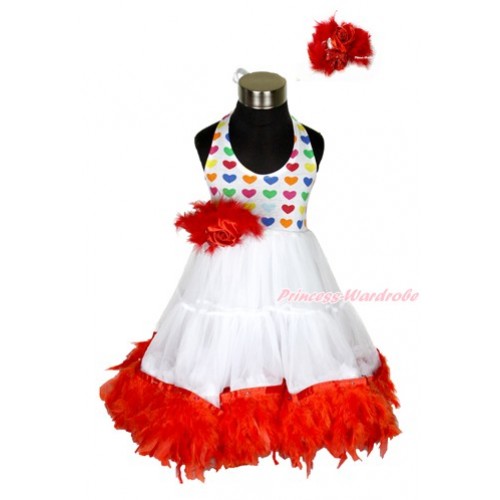 Xmas White Rainbow Heart ONE-PIECE Petti Dress with Red Posh Feather & Red Feather Crystal Rose Bow With Accessory 2PC Set LP38 