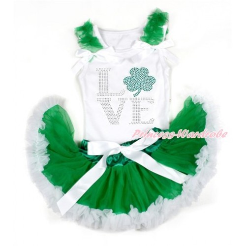 St Patrick's Day White Baby Pettitop with Kelly Green Ruffles & White Bows with Sparkle Crystal Bling Rhinestone Love Clover Print with Kelly Green White Newborn Pettiskirt NN163 