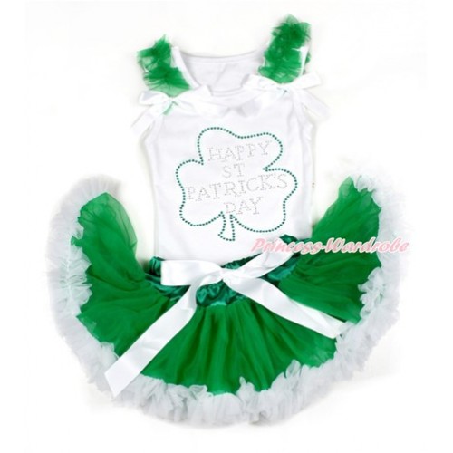 St Patrick's Day White Baby Pettitop with Kelly Green Ruffles & White Bows with Sparkle Crystal Bling Rhinestone Clover Print with Kelly Green White Newborn Pettiskirt NN164 