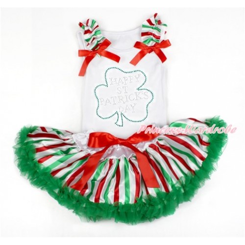 St Patrick's Day White Baby Pettitop with Red White Green Striped Ruffles & Red Bows with Sparkle Crystal Bling Rhinestone Clover Print with Red White Green Striped Newborn Pettiskirt NN166 