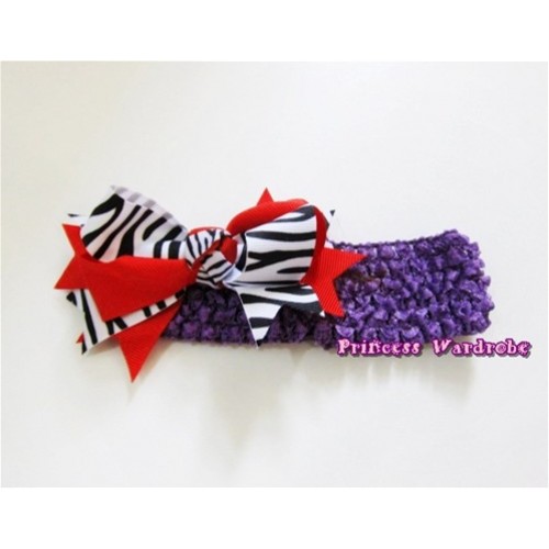 Dark Purple Headband with Red Zebra Screwed Ribbon Hair Bow Clip H569 