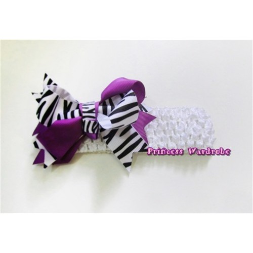 White Headband with Dark Purple Zebra Screwed Ribbon Hair Bow Clip H571 