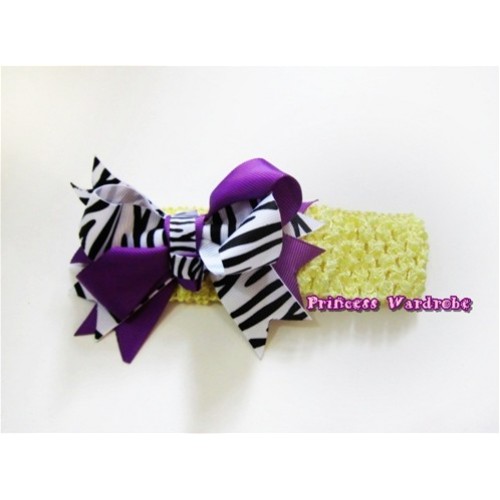 Yellow Headband with Dark Purple Zebra Screwed Ribbon Hair Bow Clip H573 